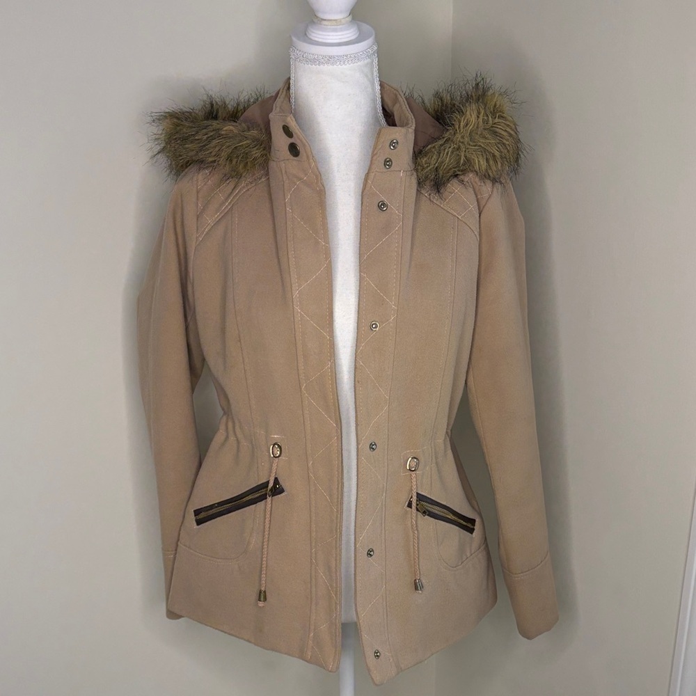 Windsor Tan Utility Jacket with Faux Fur Hood. Med